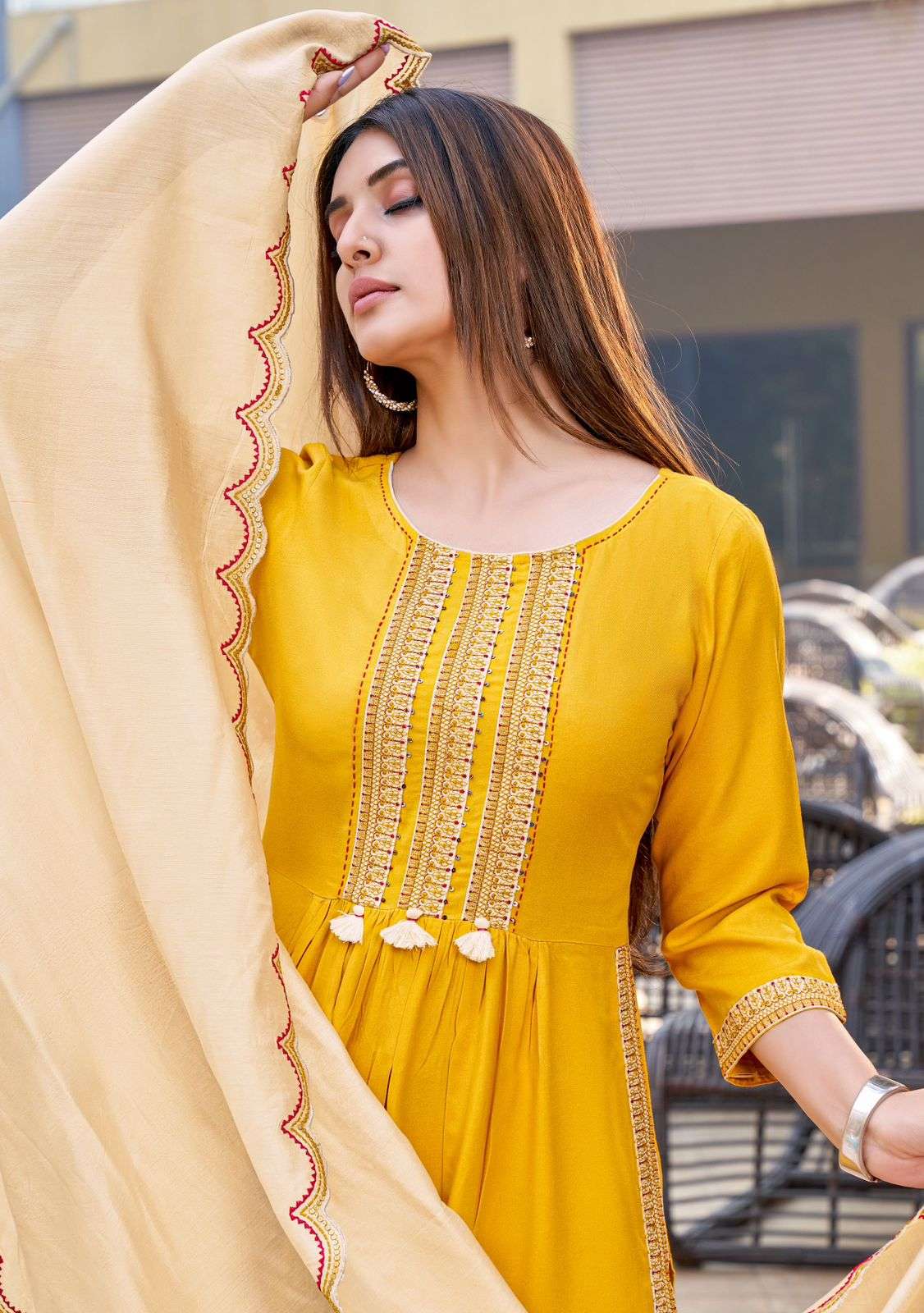 CORAL RAYON WEAVING KURTI WITH COTTON LYCRA PANT AND CHANDERI DUPATTA WITH WORK BY WOOGLEE BRAND 1005 C